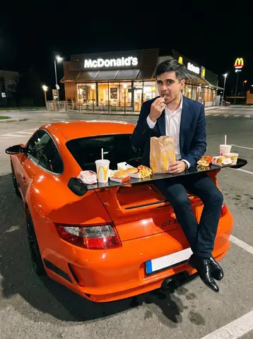 Текст описывает ночной снимок у McDonald’s и отдельную сцену с Porsche внутри якутского иглу.