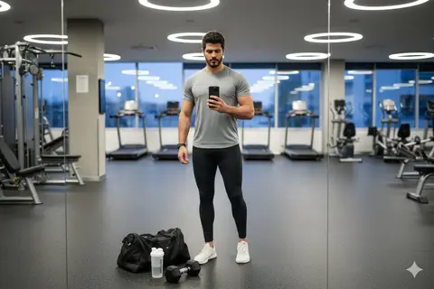 Человек в спортивной одежде фотографирует себя в зеркале современного спортзала.