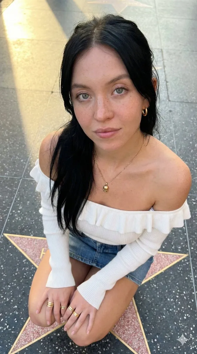 Женщина, напоминающая Sydney Sweeney, смотрит вверх на камеру на Аллее славы в Лос-Анджелесе. · пример 2