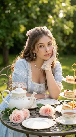 Пример промпта для портрета женщины за чаепитием в солнечном саду.