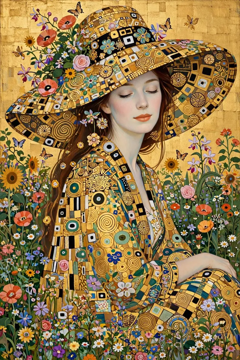 Текстовый промпт для картины в стиле Gustav Klimt с женщиной в саду. · пример 3