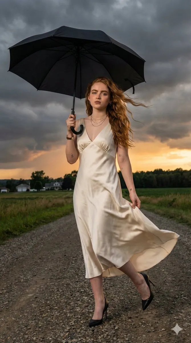 Промпт для портрета Sadie Sink с зонтом на фоне штормового заката и гравийной дороги. · пример 1