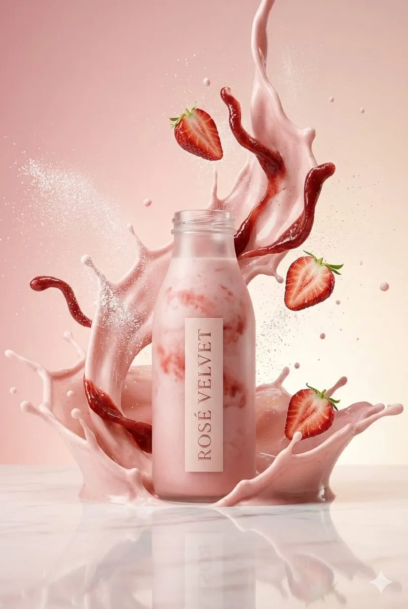 Промпт описывает бутылку ROSÉ VELVET среди клубничного пюре, ягод и сливочных брызг на розовом фоне. · пример 2