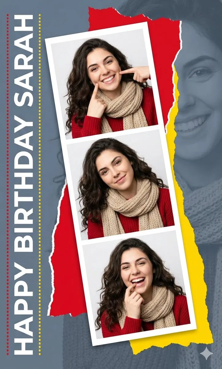 Трёхкадровая фотополоса с женщиной на сером фоне и надписью HAPPY BIRTHDAY. · пример 2