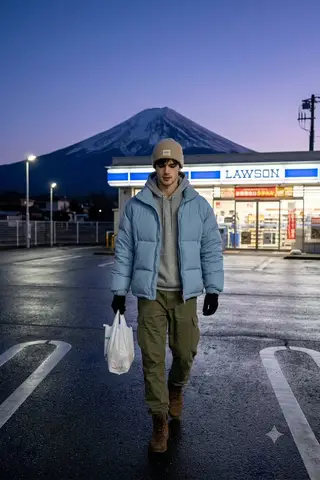 Пример случайного вечернего фото у японского магазина Lawson с горой Фудзи вдали.