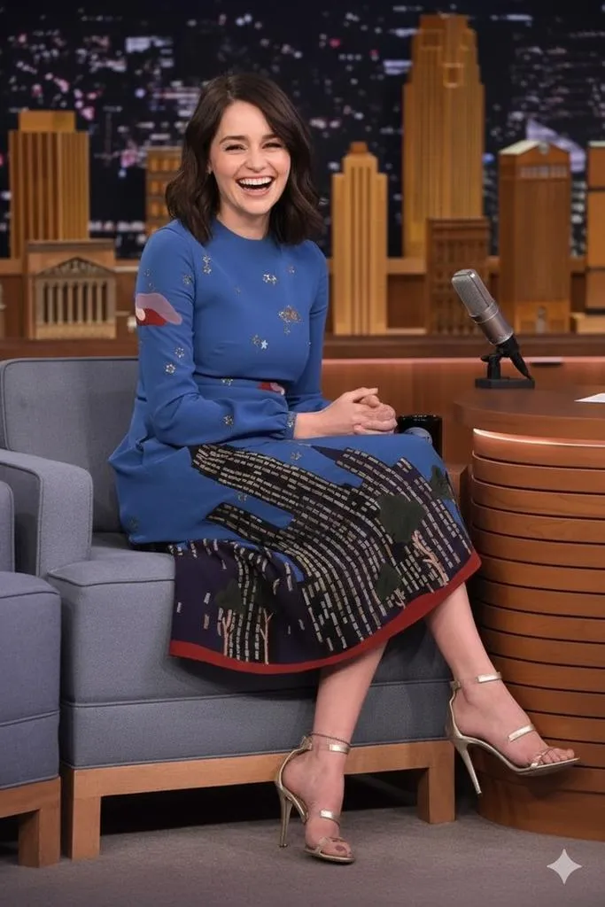Промпт для портрета актрисы, вдохновлённой Emilia Clarke, на сцене ток-шоу рядом с Jimmy Fallon. · пример 2