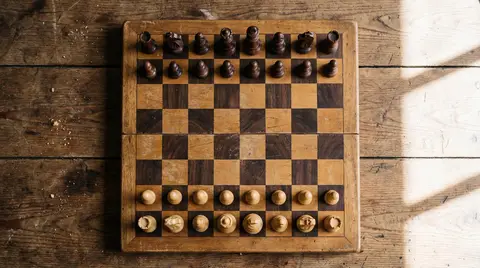 Шахматная доска на столе, фигуры стоят в начальной позиции.