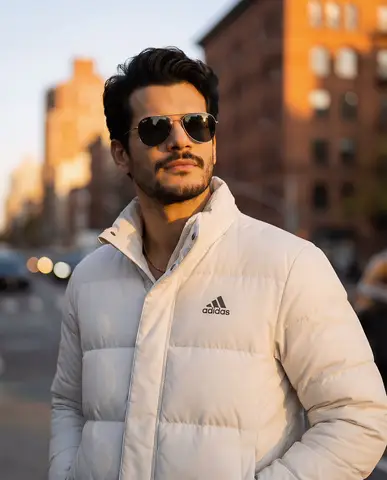 Мужчина в белой куртке Adidas снят по пояс в тёплом свете золотого часа.