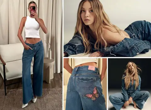 Коллаж с Сидни Суини для American Eagle в широких джинсах с вышивкой бабочек и белом топе.