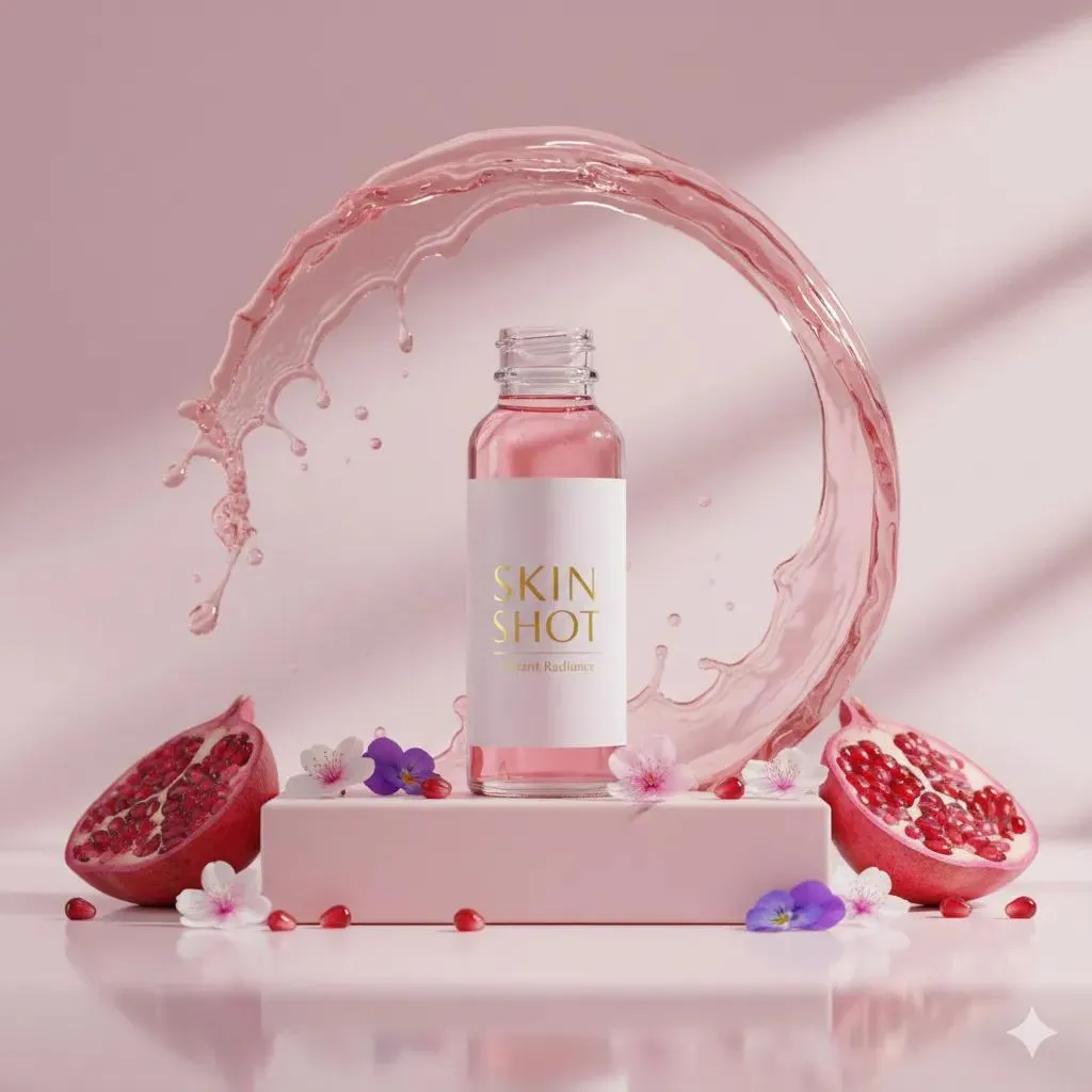 Флакон Skin Shot стоит на розовом постаменте среди цветов и зёрен граната. · пример 1