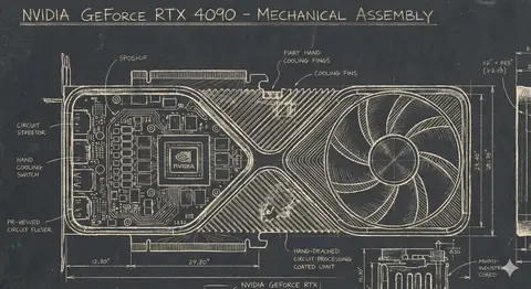 Название промпта для создания механического чертежа видеокарты NVIDIA 4090 в технике сграффито.