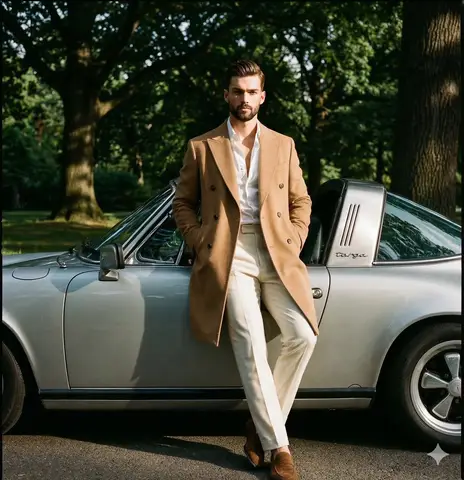 Мужчина в светлом двубортном пальто стоит рядом с серебристым винтажным Porsche Targa на фоне зелёной листвы.