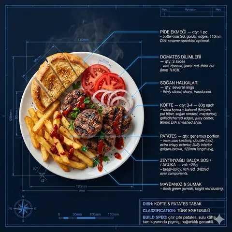 Тарелка KÖFTE & PATATES с компонентами и размерными выносками на синем архитектурном чертеже.