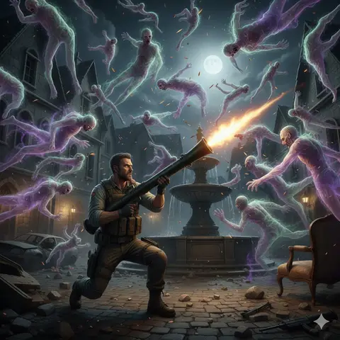Персонаж Resident Evil стреляет из гранатомёта по мобам.