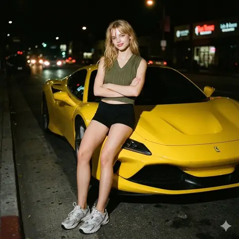 Человек в зелёном жилете опирается на жёлтый Ferrari на тёмной улице.