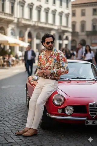Мужчина в образе Gucci позирует у винтажного автомобиля на улице Милана.
