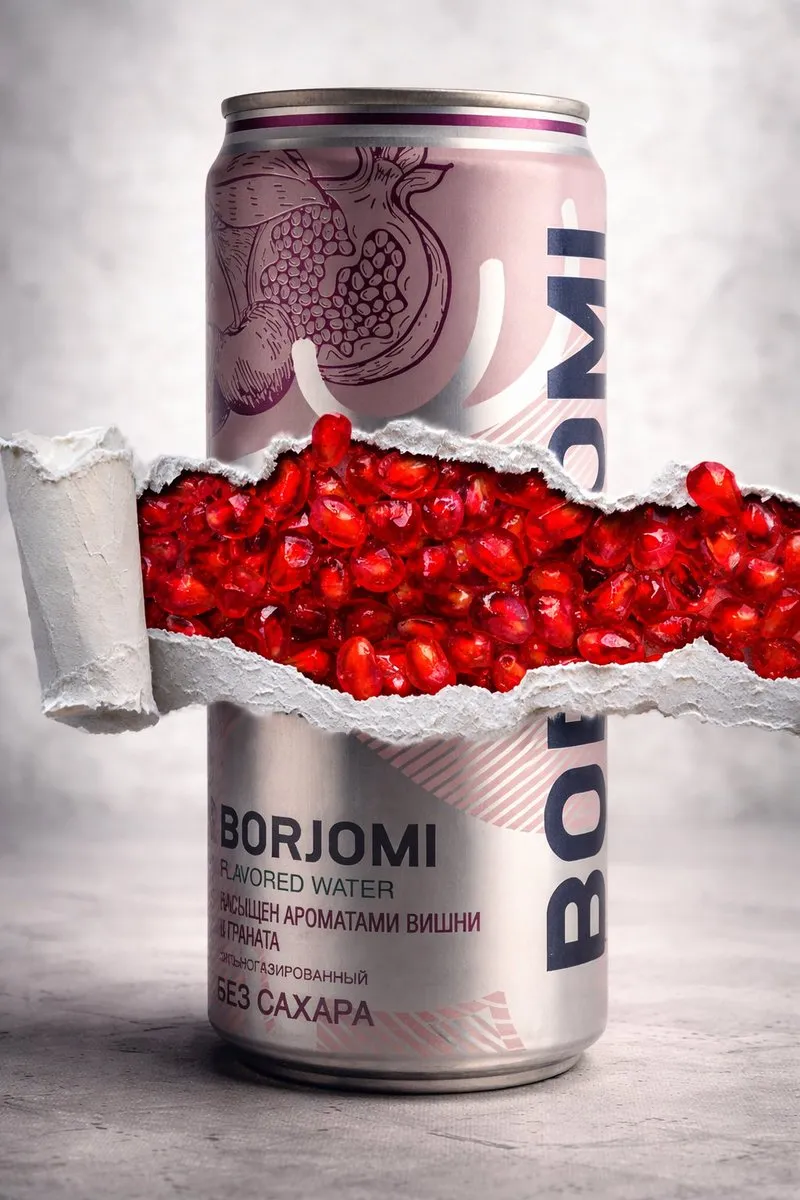 Серебристо-розовая банка Borjomi показана с горизонтальным разрезом, внутри которого видны красные зёрна граната. · пример 1