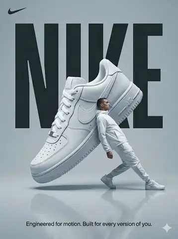 Белая кроссовка Nike парит над полом, рядом мужчина-модель и крупная надпись бренда.