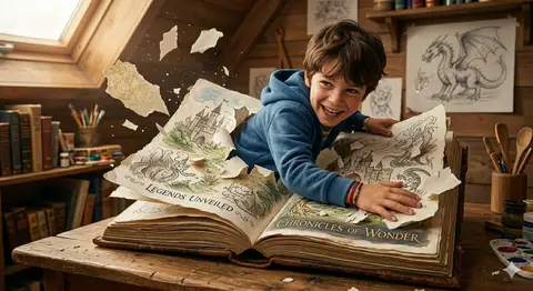 Мальчик появляется из раскрытой книги с фантастическими иллюстрациями.