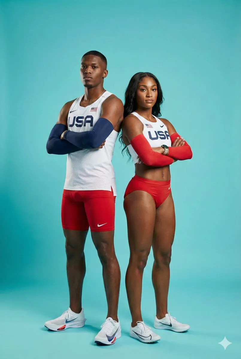 Пример редакционного спортивного портрета двух легкоатлетов в форме Team USA. · пример 2