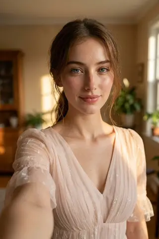Пример промпта для селфи-портрета в стиле DSLR с естественным освещением и заметной текстурой кожи.