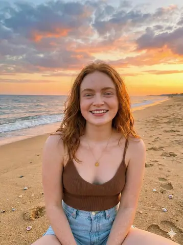 Sadie Sink сидит на галечном пляже в коричневой майке и светлых джинсовых шортах на фоне закатного неба.