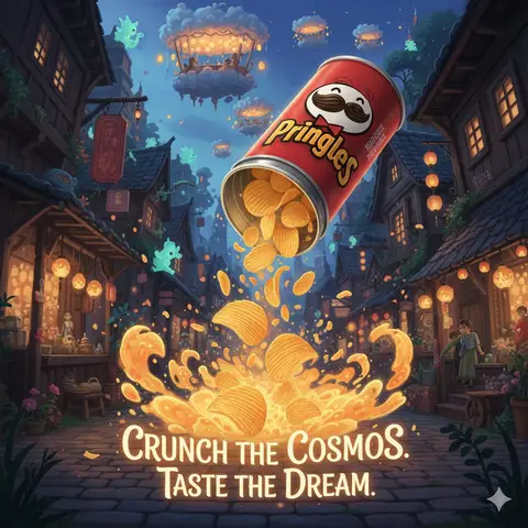 Рекламный образ Pringles с гиперреалистичной едой в сказочном окружении.
