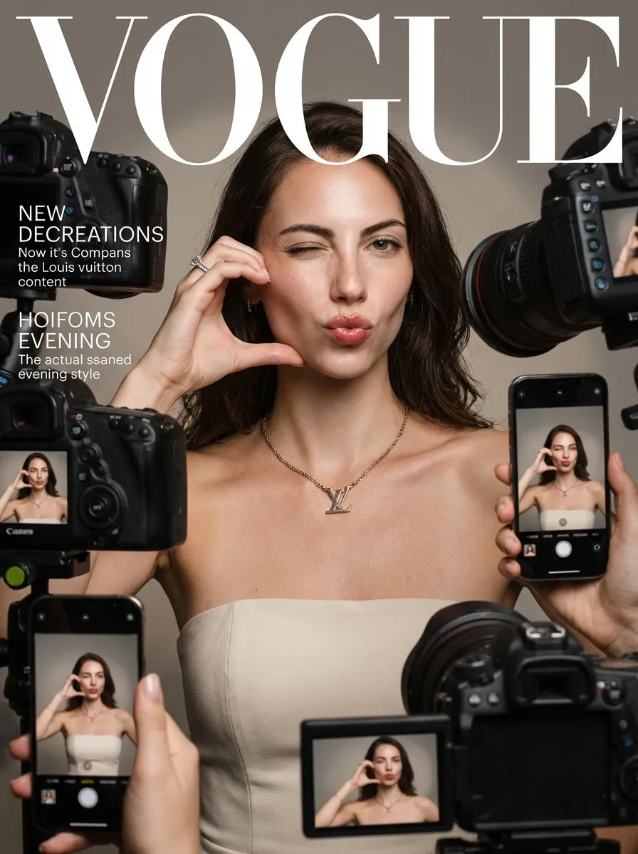 Пример промта для модной обложки Vogue с женщиной среди камер и смартфонов. · пример 1