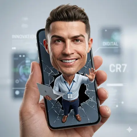 Большеголовая 3D-карикатура человека шагает из экрана смартфона; одной рукой он держит ноутбук, другой машет.