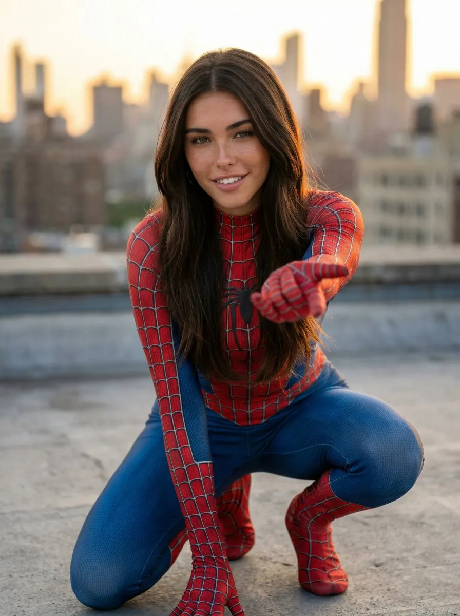 Пример уличного косплея Spider-Man с кофе на фоне кирпичных домов Нью-Йорка. · пример 2