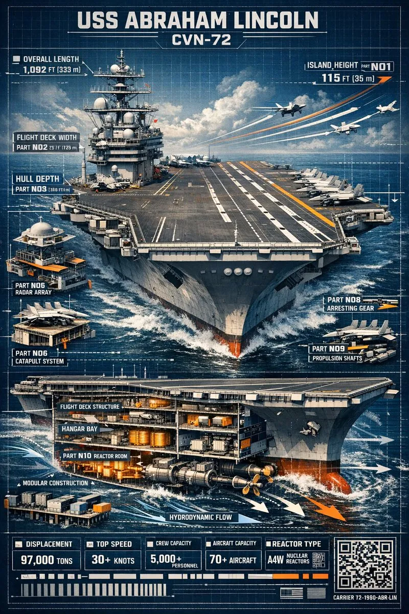 Авианосец USS Abraham Lincoln в море окружён техническими выносками, разрезами и схемами на фоне океана. · пример 2