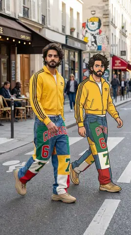 Пример промта для мужчины в куртке Adidas рядом с мультяшной копией на городской улице.