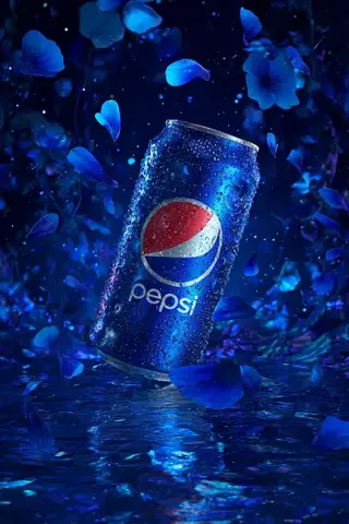 Промпт описывает парящую банку Pepsi с сияющими синими лепестками и отражением на воде.
