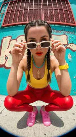 Emma Myers в ярком стритвир-образе на фоне бирюзовой стены с граффити KeorUnreal.