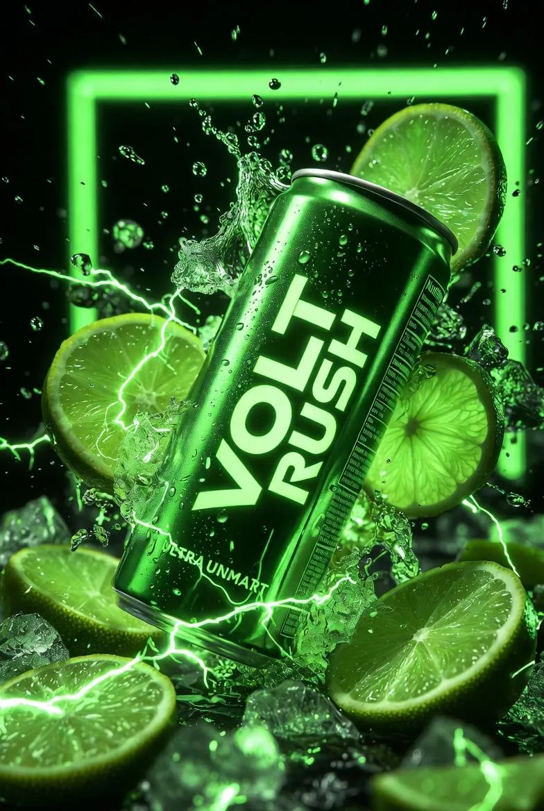 Банка энергетика VOLT RUSH под углом прорывается сквозь лаймовые дольки и ледяные брызги. · пример 4
