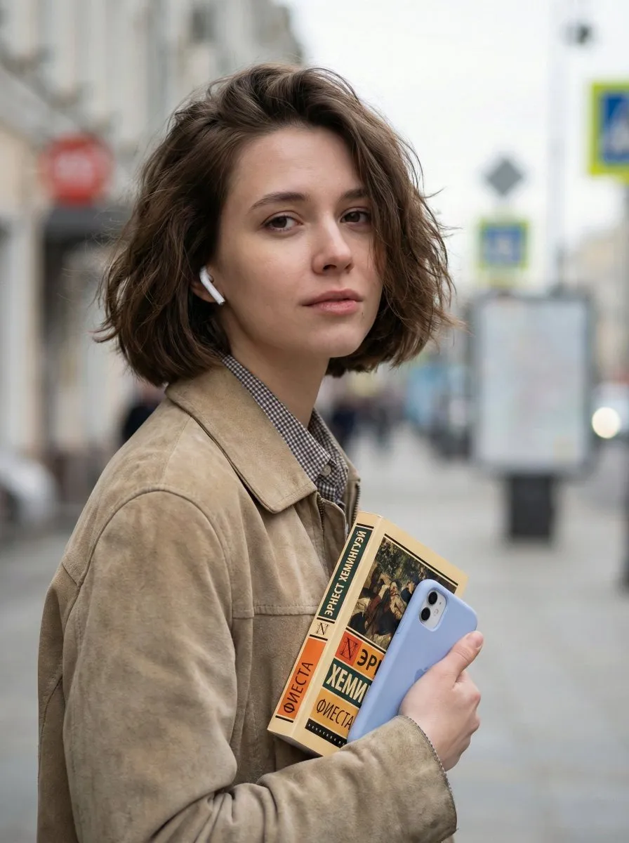 Промпт для уличного портрета женщины с книгой и смартфоном на фоне размытой улицы.