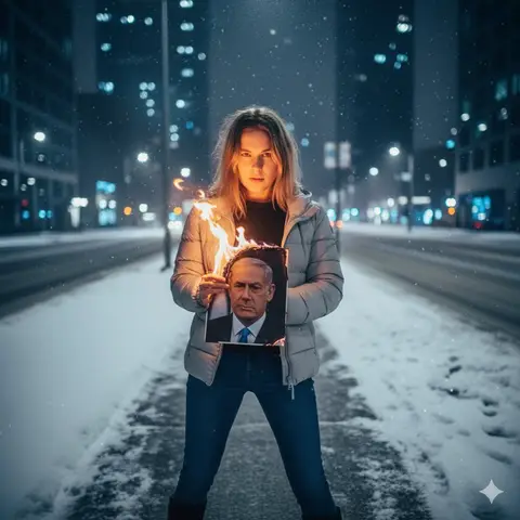 Женщина прикуривает сигарету от горящей фотографии на фоне заснеженной городской улицы.