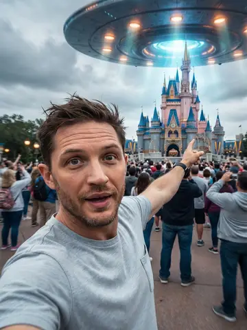 Пример селфи на фоне освещённого замка и зависшего над парком НЛО.