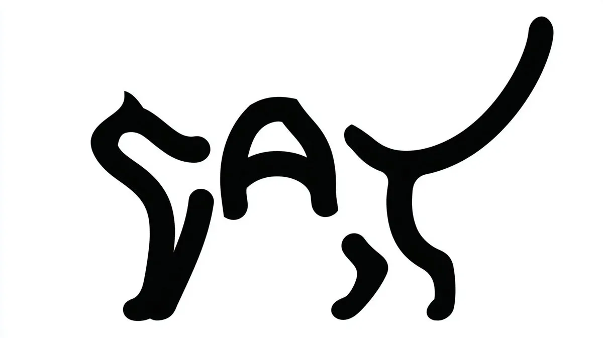 Слово CAT изогнуто в силуэт потягивающейся кошки на белом фоне. · пример 1