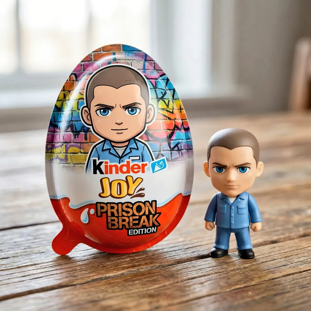 Яйцо Kinder Joy и фигурка персонажа рядом на деревянном столе. · пример 1