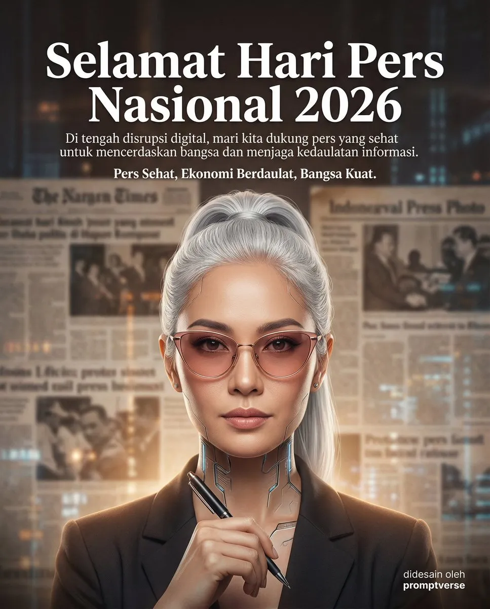 Пример промпта для официального постера Hari Pers Nasional 2026 с образом журналистки-киборга. · пример 2