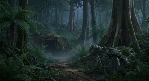 Промт для сцены на тропе Хо Ши Мина в густых горах Чыонгшон.