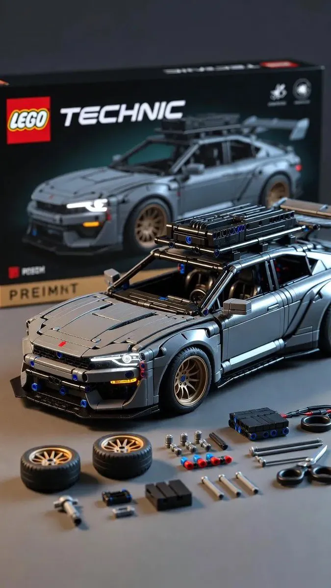 Пример промпта для рекламного рендера модели автомобиля LEGO Technic с коробкой и деталями. · пример 2