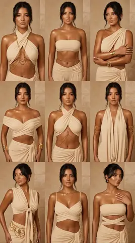 Пример сетки из девяти модных кадров одной женщины с золотыми украшениями и драпированной одеждой.
