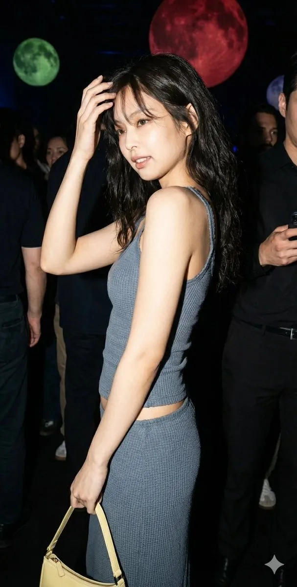 Jennie Kim в серо-голубом комплекте позирует под прямой вспышкой среди гостей модного события. · пример 1