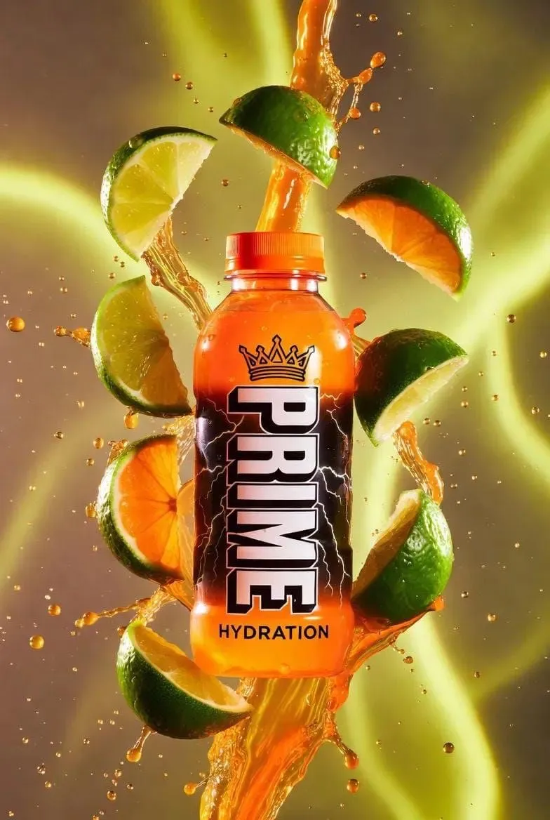 Пример промпта для рекламной фотографии бутылки Prime Hydration среди цитрусов. · пример 2