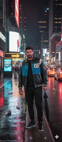 Текстовый JSON-промпт для ночного портрета в Times Square.