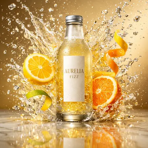 Матовая бутылка AURELIA FIZZ в окружении брызг и ломтиков цитрусовых.