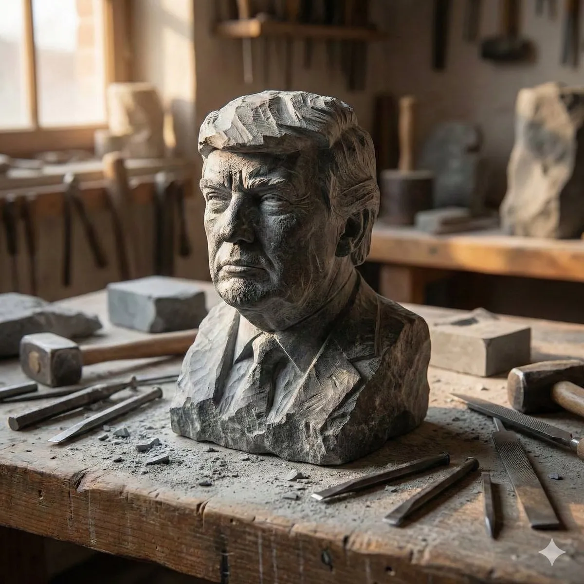 Миниатюрная каменная статуэтка стоит среди инструментов на верстаке. · пример 2