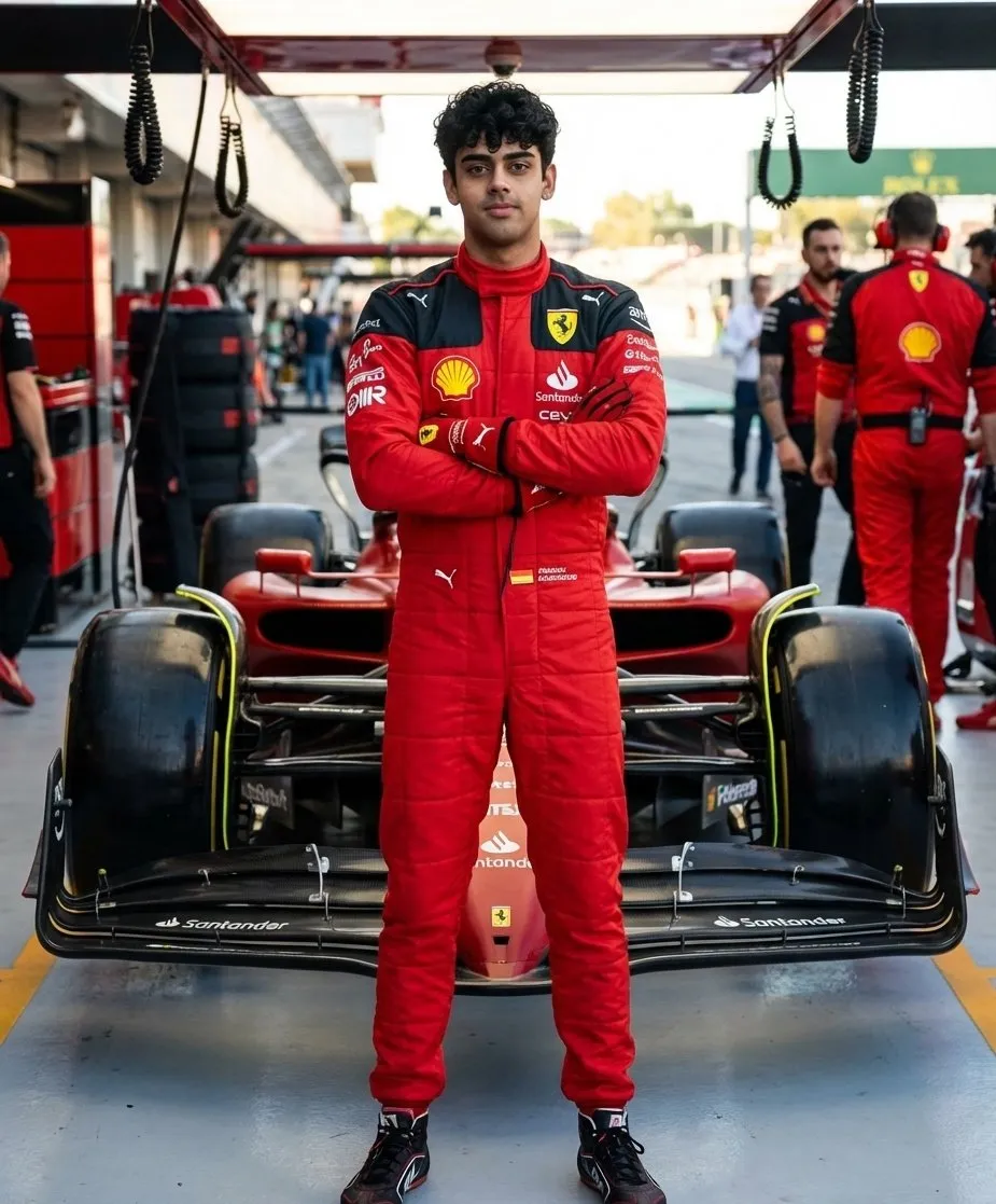 Гонщик в красном костюме Ferrari стоит рядом с болидом Formula 1.